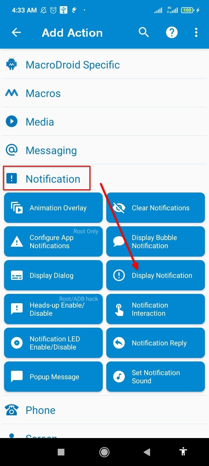 Expanded notification action menu.