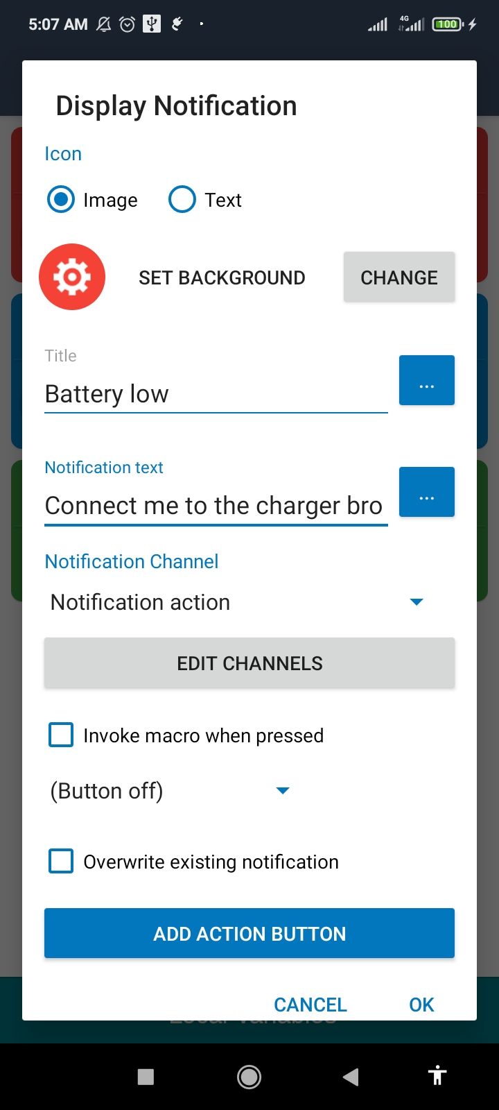 Creating the low battery alert in MacroDroid.