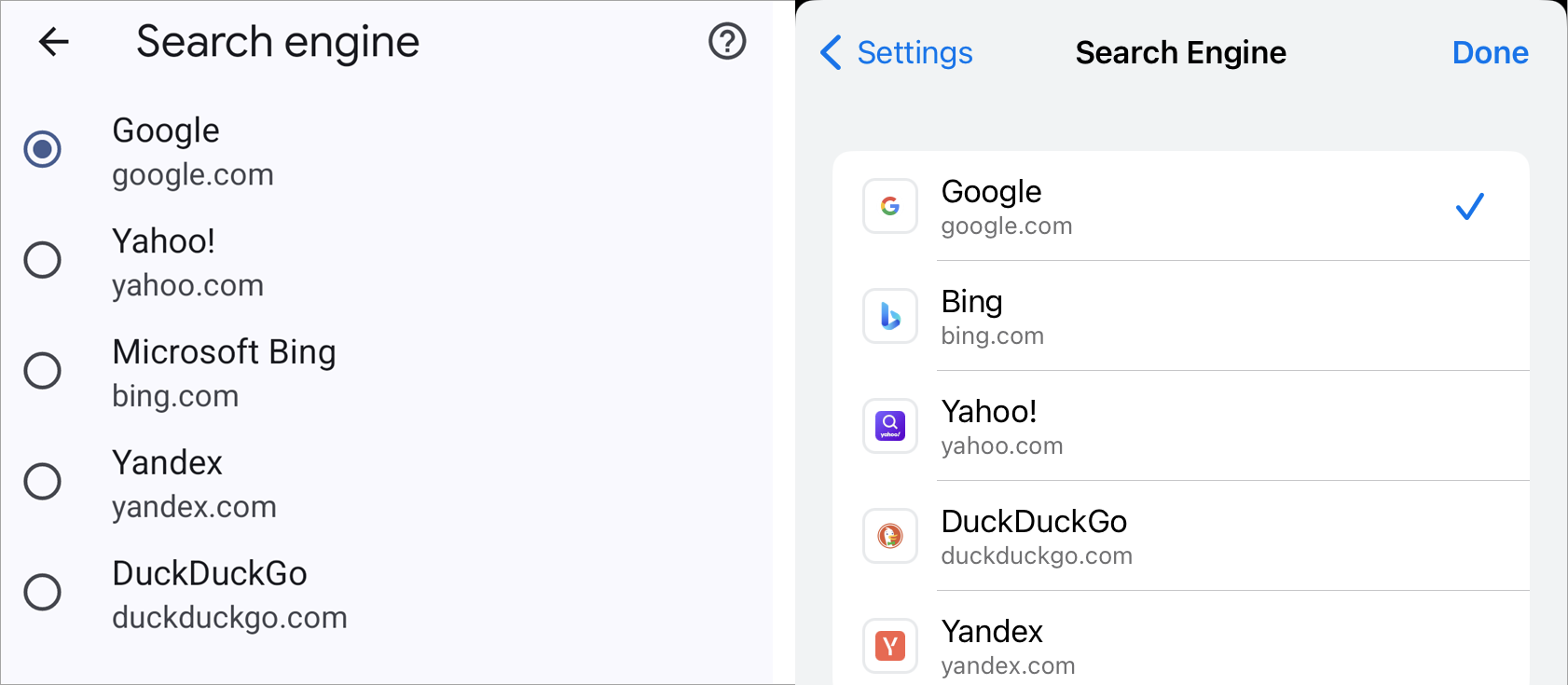 Picking a search engine on Chrome for Android and iPhone.