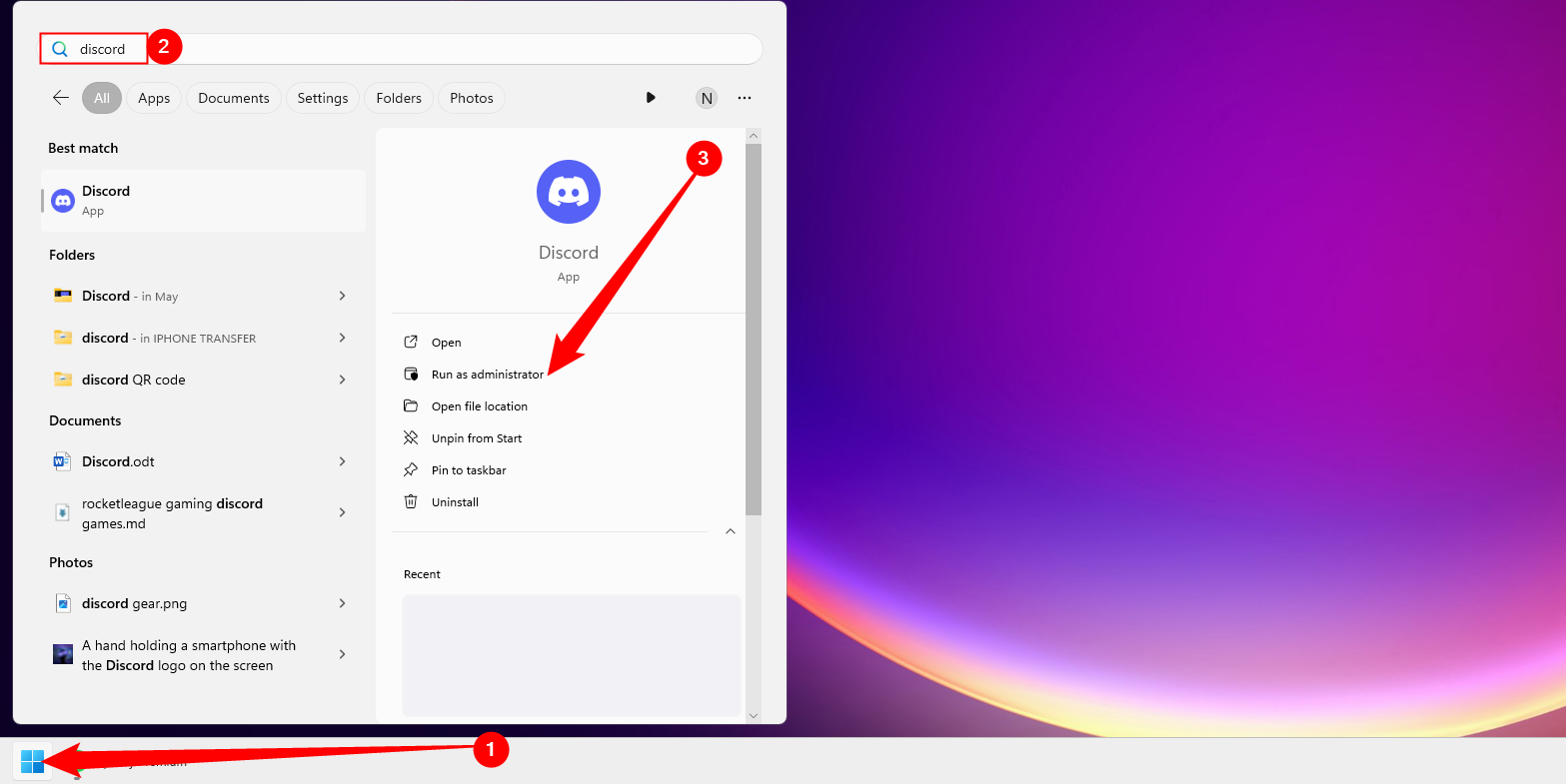 Click the Start button then search 'Discord.'