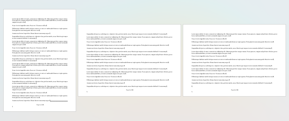 A zoomed-out view of a Microsoft Word document containing three pages. The first is portrait, and the other two are landscape.