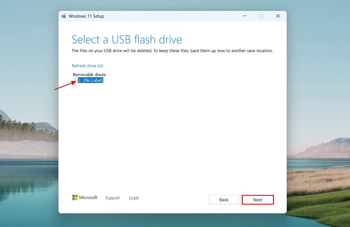 Selecting the USB Flash Drive.