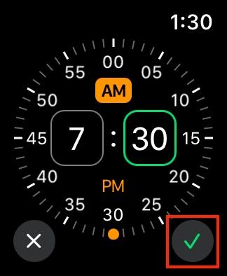 Setting the time for a silent alarm on an Apple Watch.