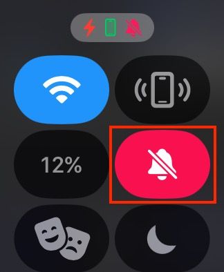 Turning on Silent Mode on an Apple Watch from the Control Center.