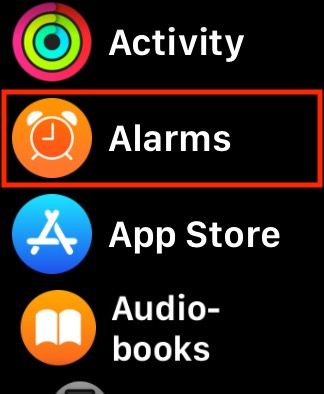 Alarms app in Apple Watch app library.