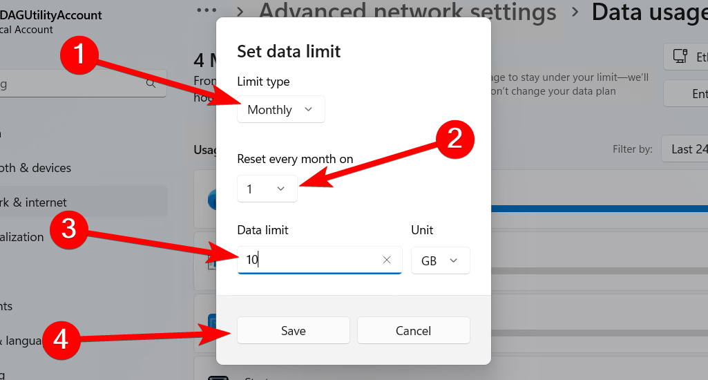 Setting data limits in advanced network settings.