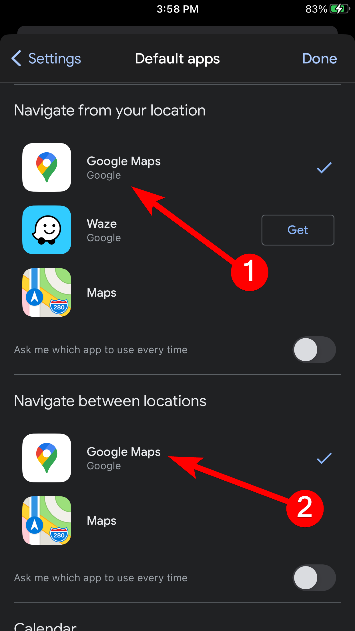 Setting Google Maps as the default navigation app in Gmail on iPhone.