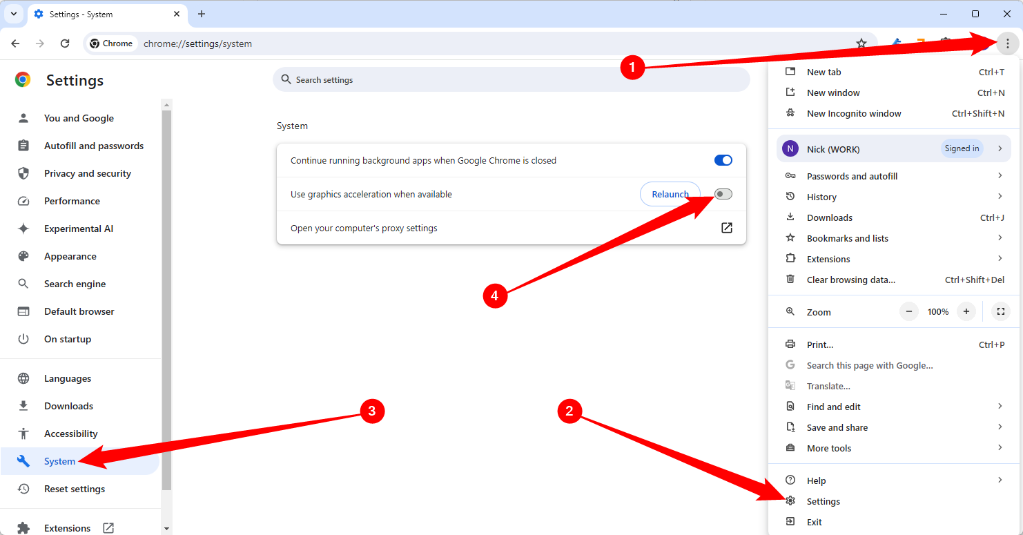Click the three-dot menu icon, click 'Settings," select 'System,' then click the toggle next to Hardware Acceleration.