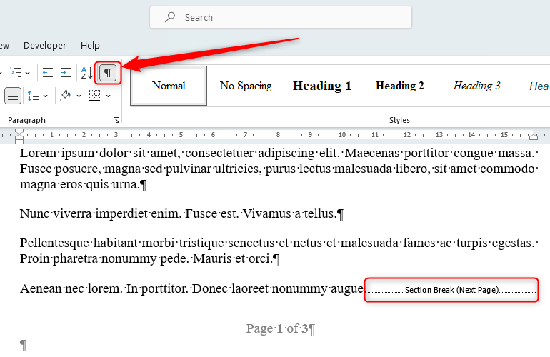 A Section Break in Microsoft Word, shown by clicking the highlighted Show/Hide icon.