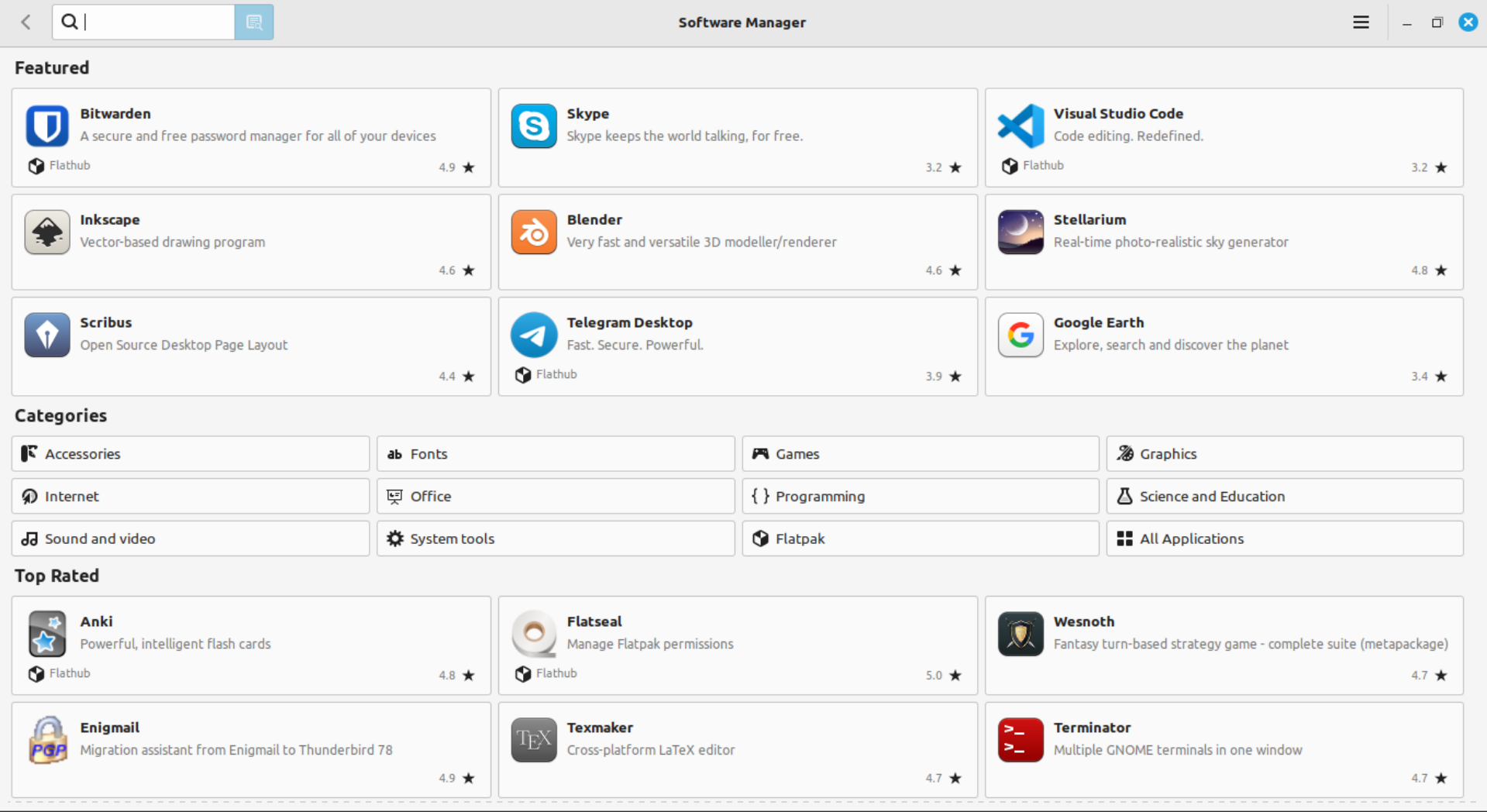 The homepage of the Software Manager on Linux Mint displaying different kinds of software