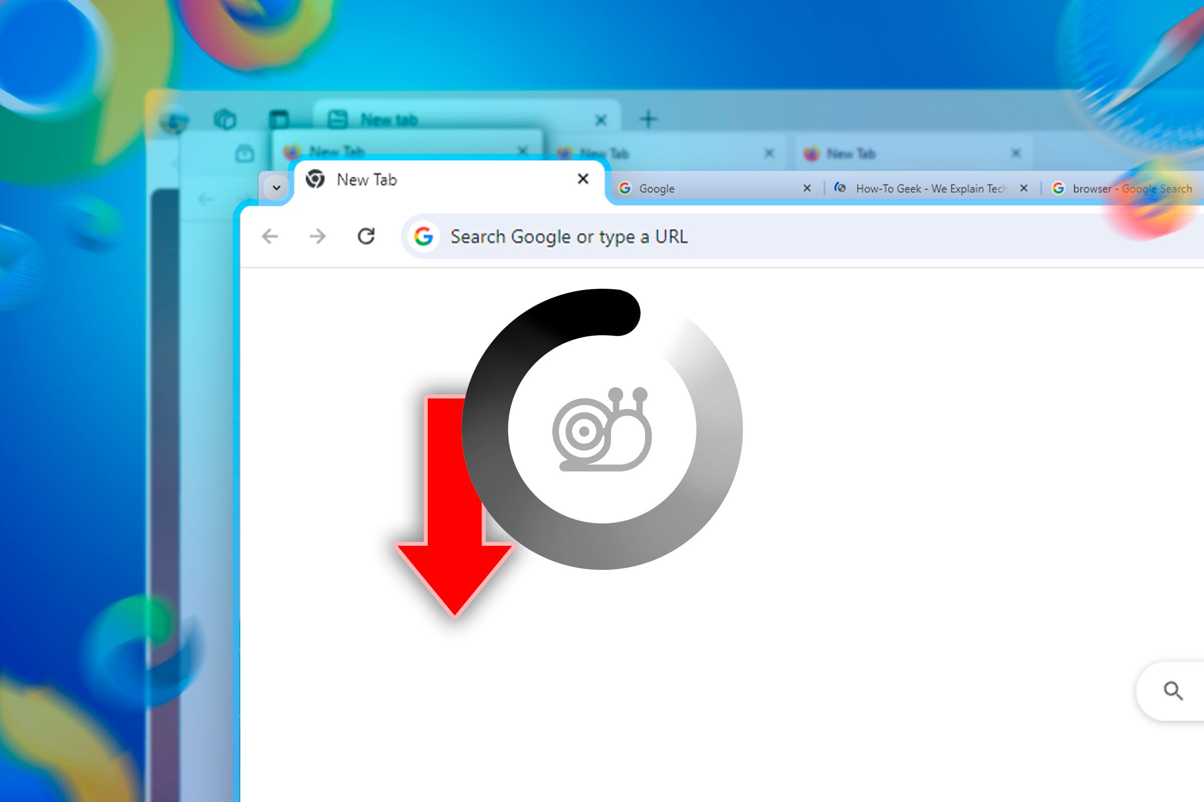 Some browser windows with an icon in the center, representing slowing down.