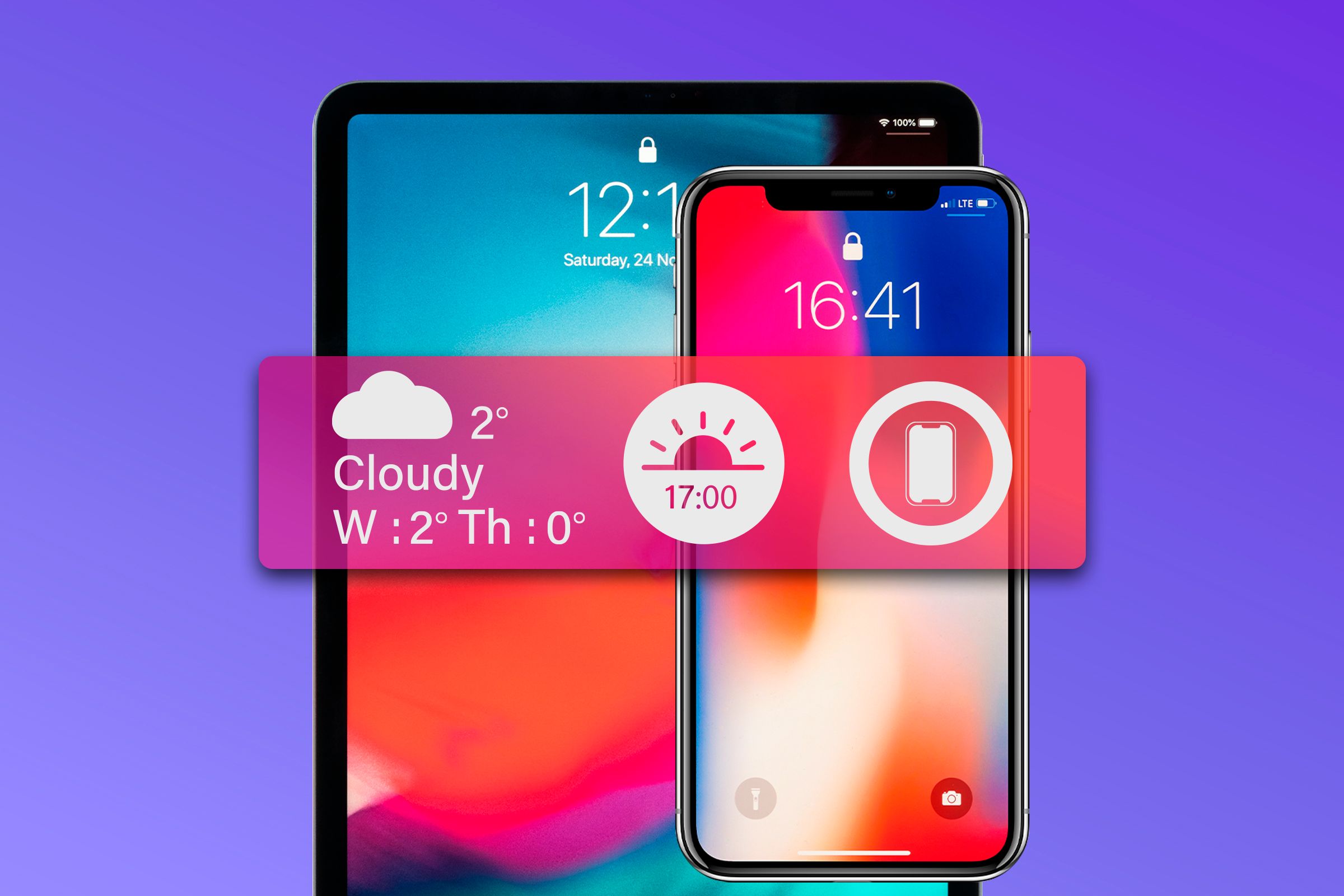 Some examples of widgets for iPhone and iPad. Behind them, an iPhone on the right and an iPad on the left behind the iPhone