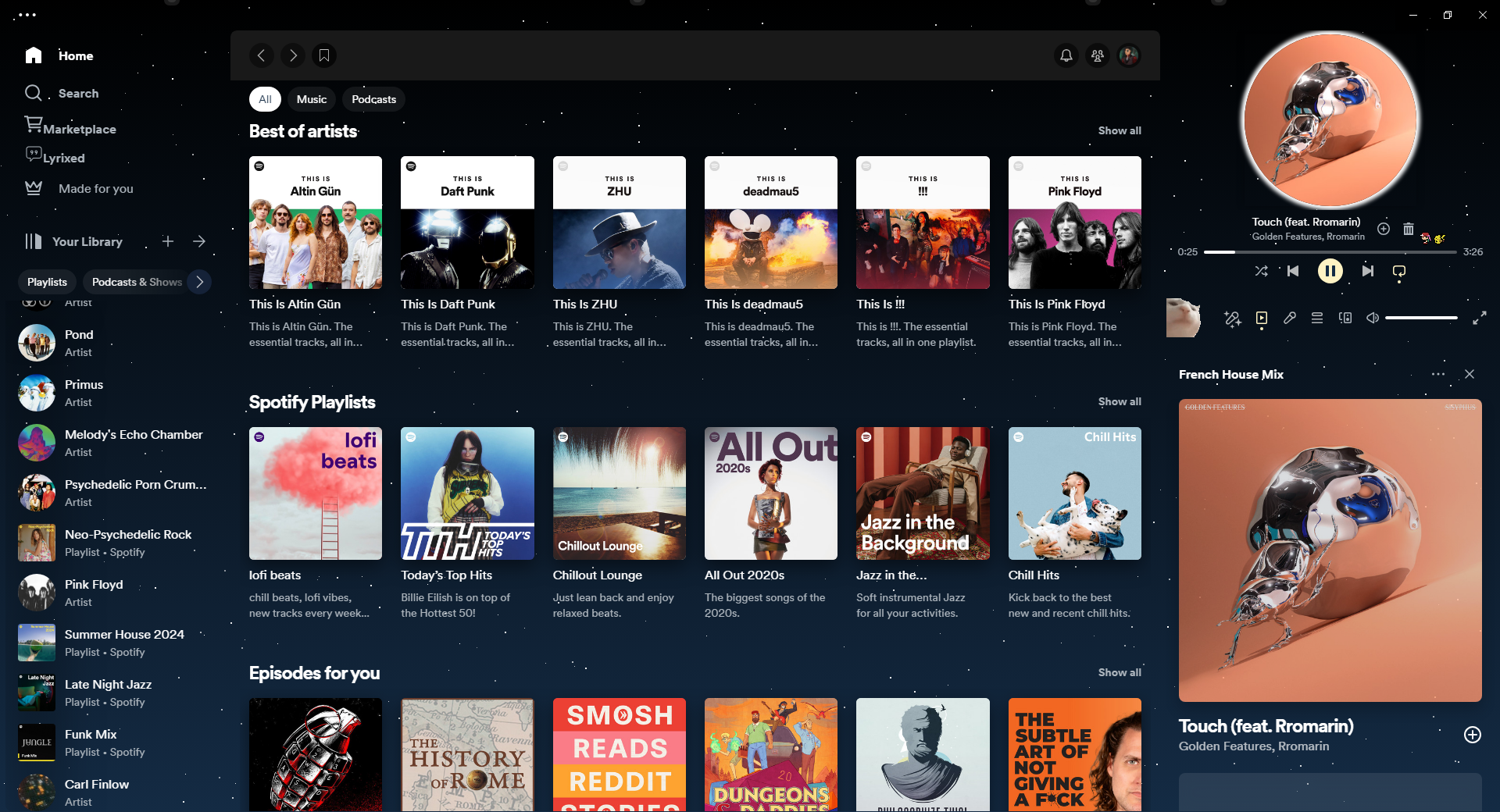 A modified version of Spotify with a custom theme.