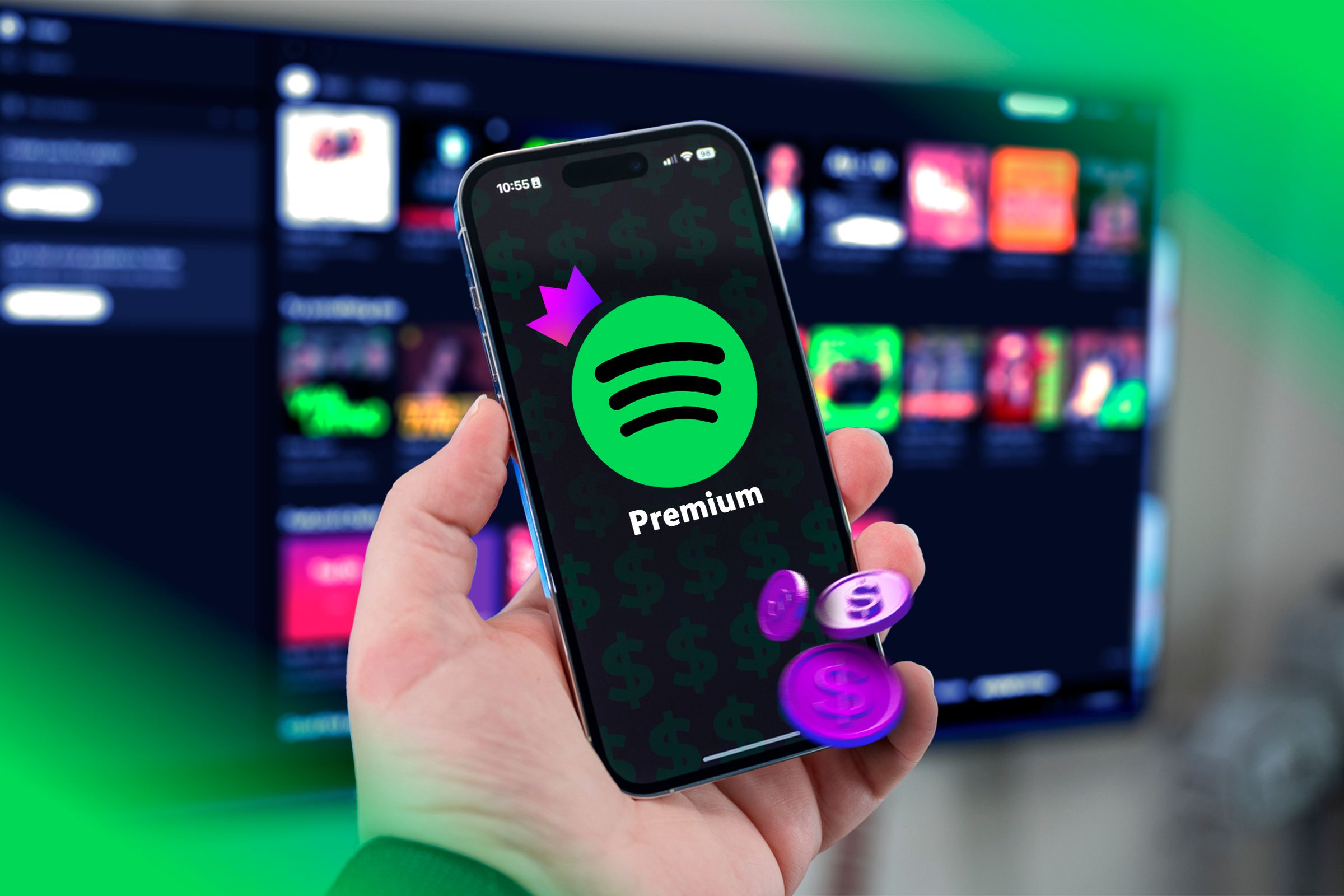 Spotify logo with a crown on a phone screen and some coins coming out of the screen.