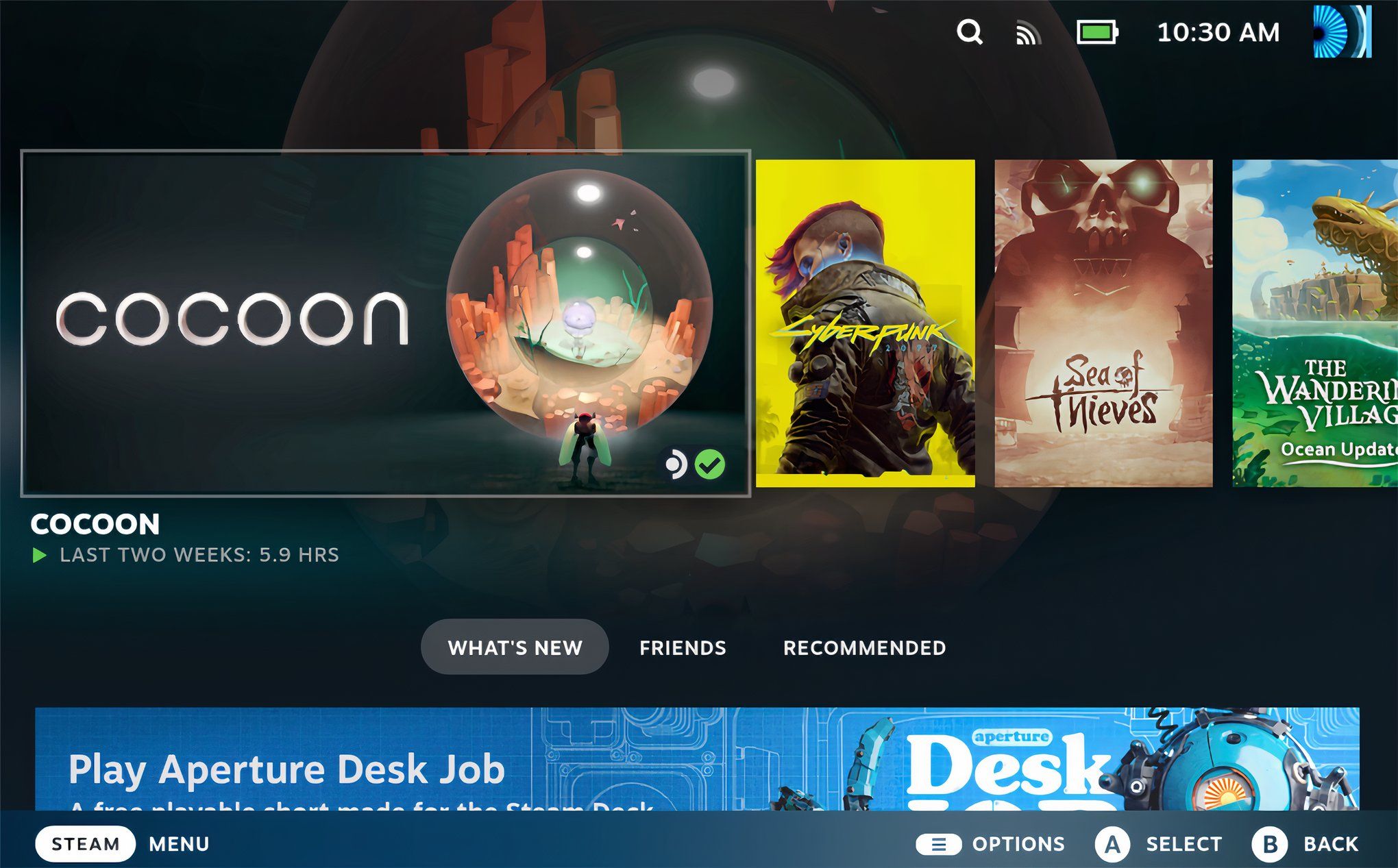 Steam store showing a carousel of games including Cocoon and Cyberpunk.