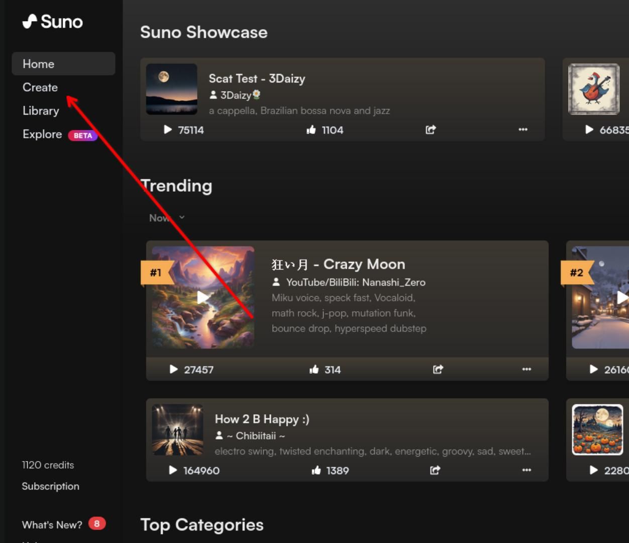 Suno.com, arrow pointing to the 'create' button.