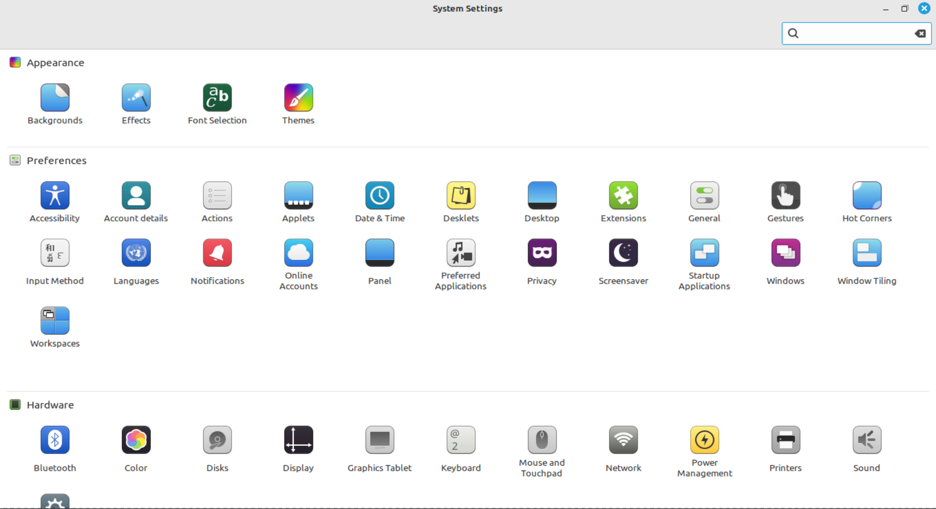 The System settings in Linux Mint displaying different types of options and settings you can change