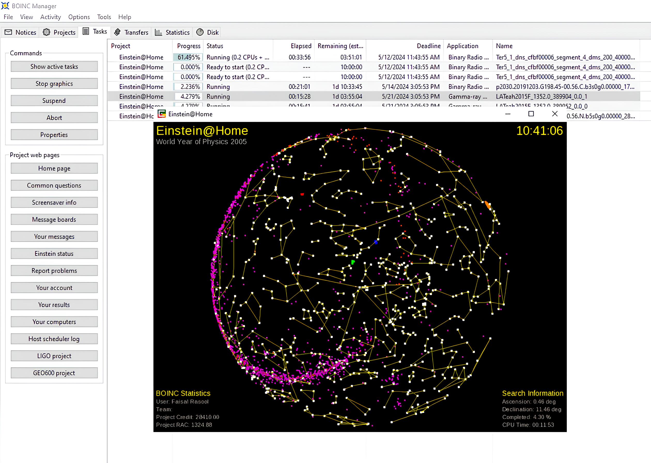 Tasks shown in Advanced view on the BOINC manager.