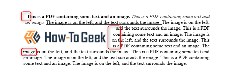 A PDF opened in a Google Docs document, containing an image on the left and text surrounding the image. There are three red boxes showing where there is inconsistent formatting.