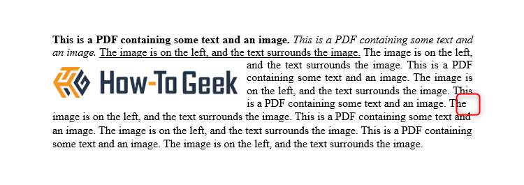 A PDF opened in a Word document, containing an image on the left and text surrounding the image. There is a red box showing where there is inconsistent formatting.