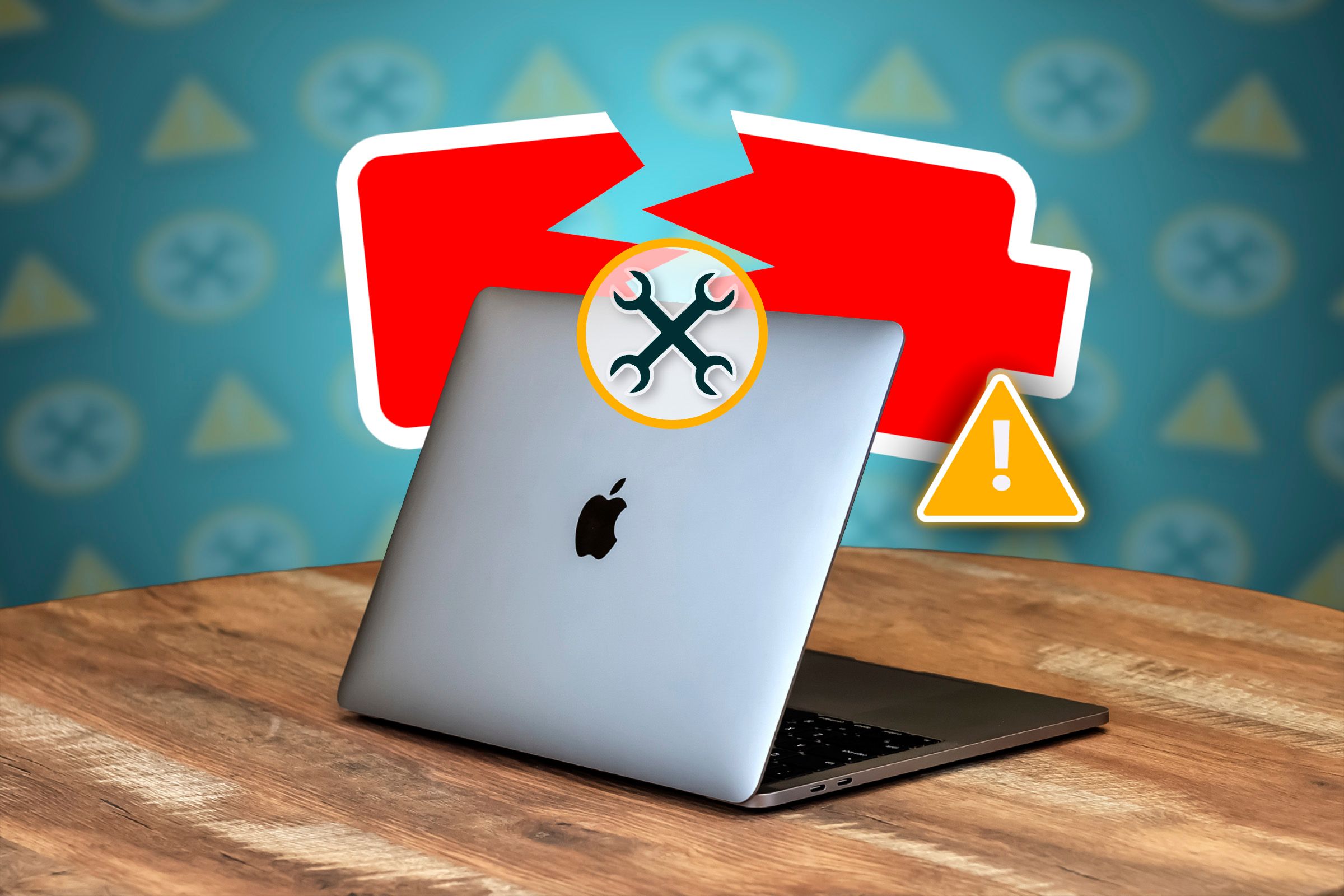 The back of a MacBook Pro with a broken battery icon and a repair icon.