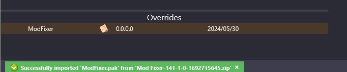 The mod loaded under the Overrides section.