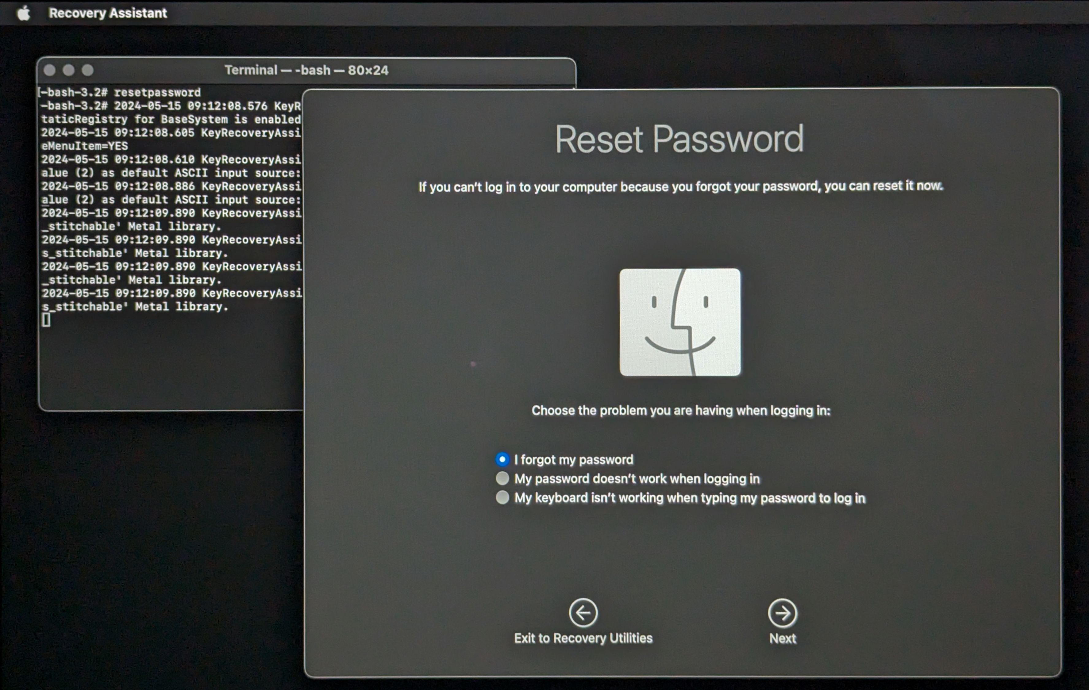 The Recovery Assistant password reset screen.