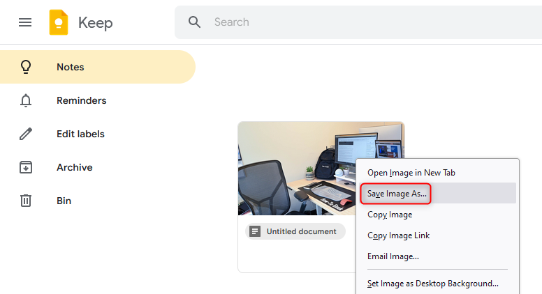 The right-click menu on an image in Google Keep.