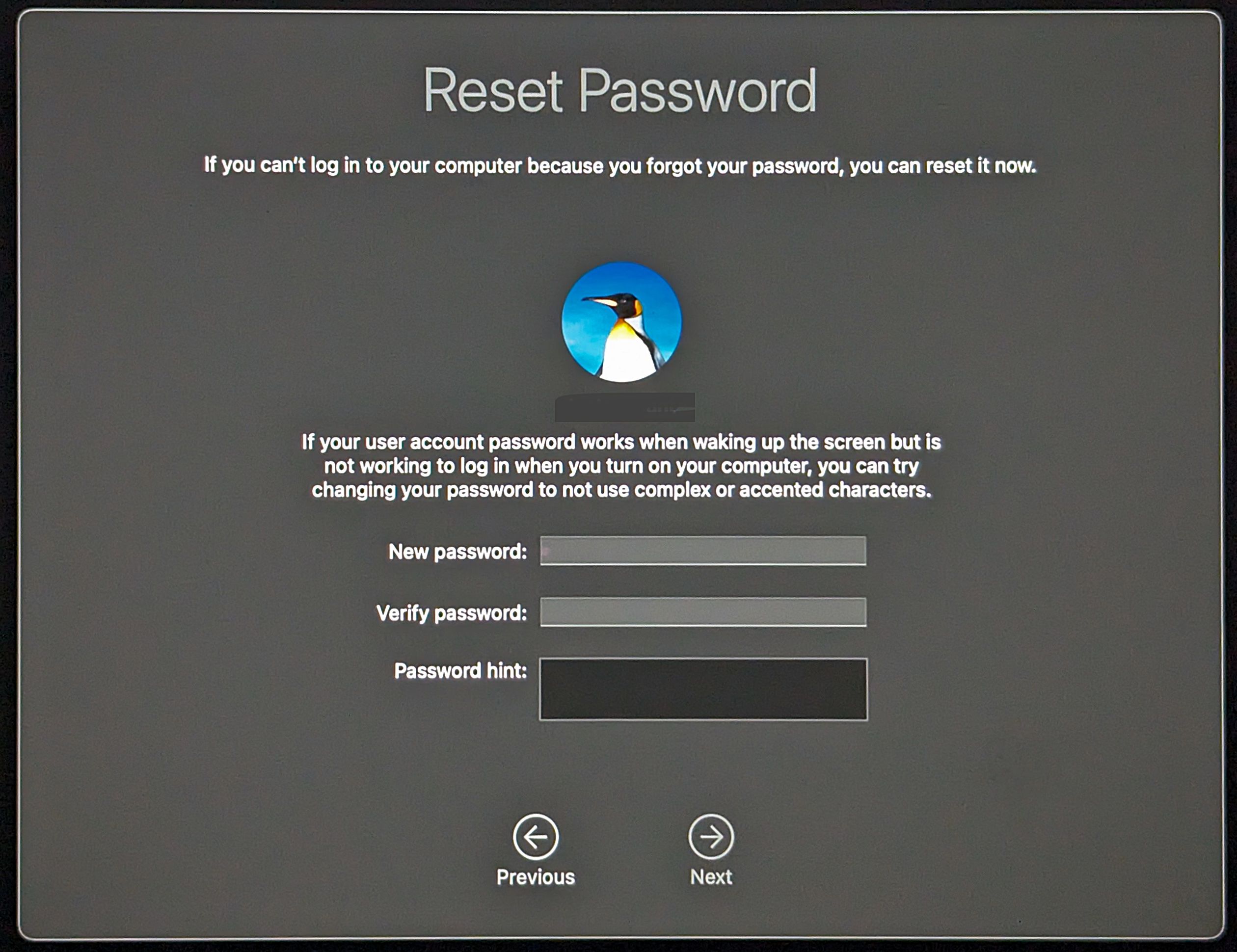 The screen to reset the password on macOS.