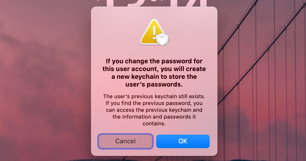 The warning before resetting your password on macOS.