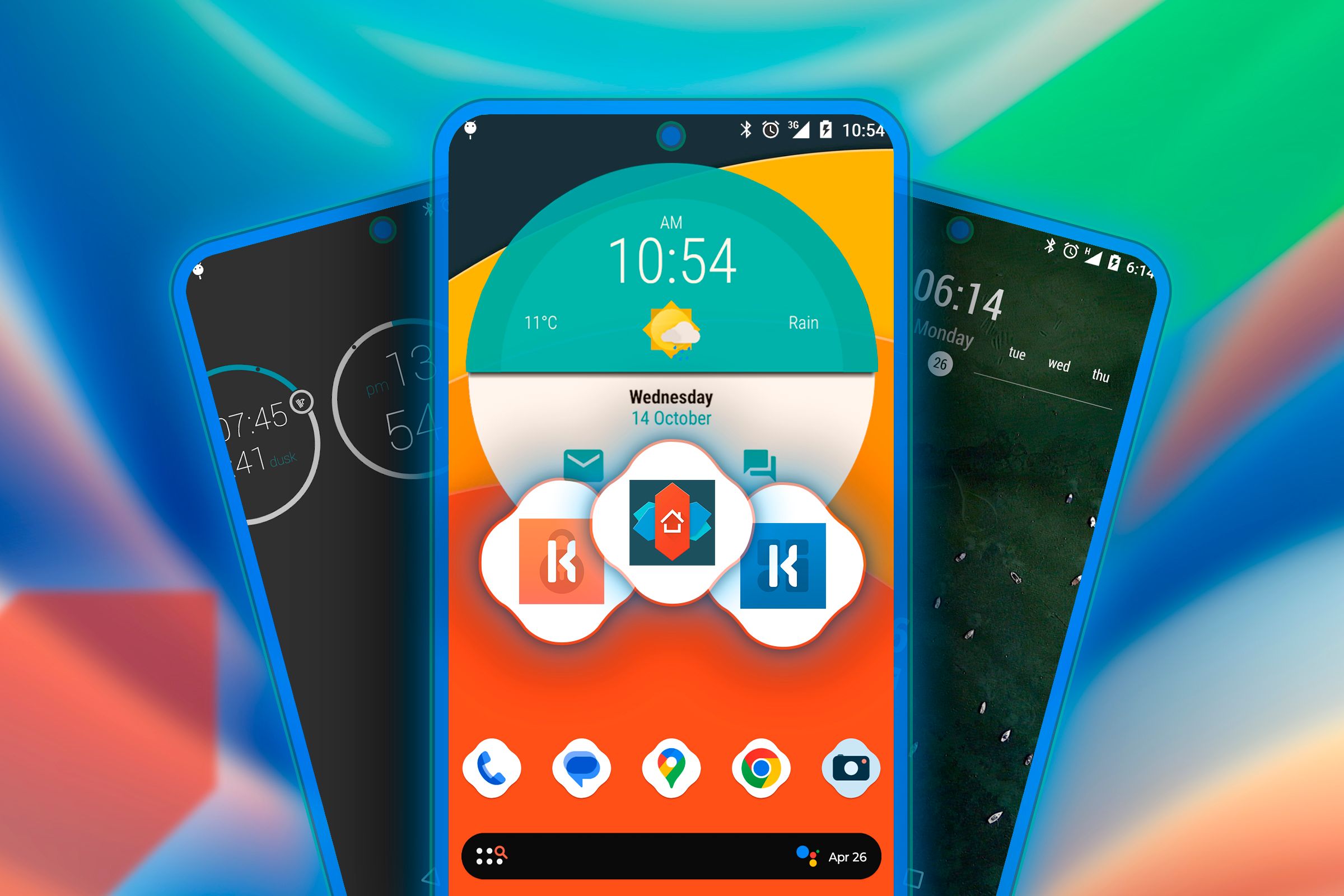 Three phone screens displaying various personalization apps.