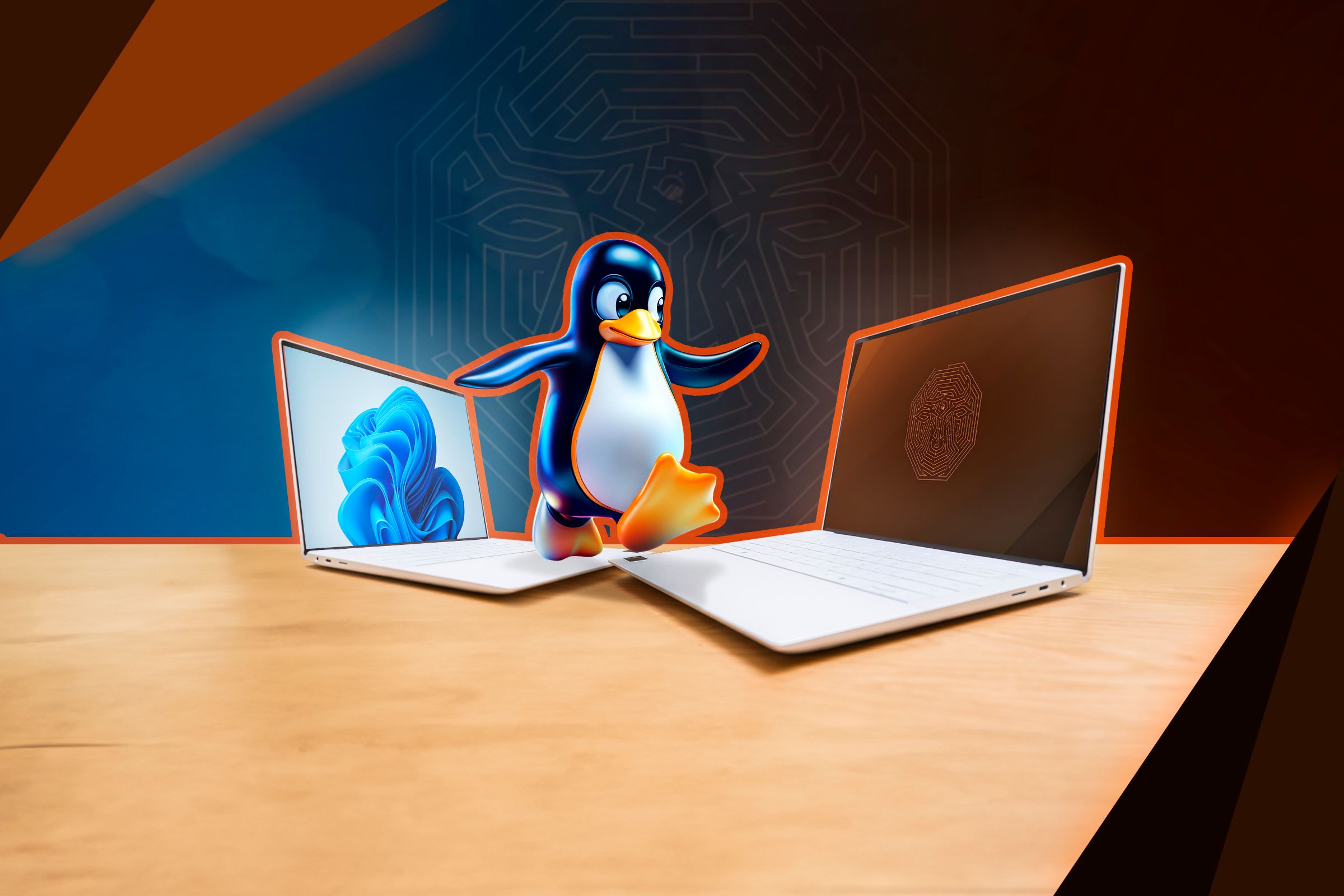 Tux jumping from a Windows laptop to an Ubuntu Cinnamon laptop.