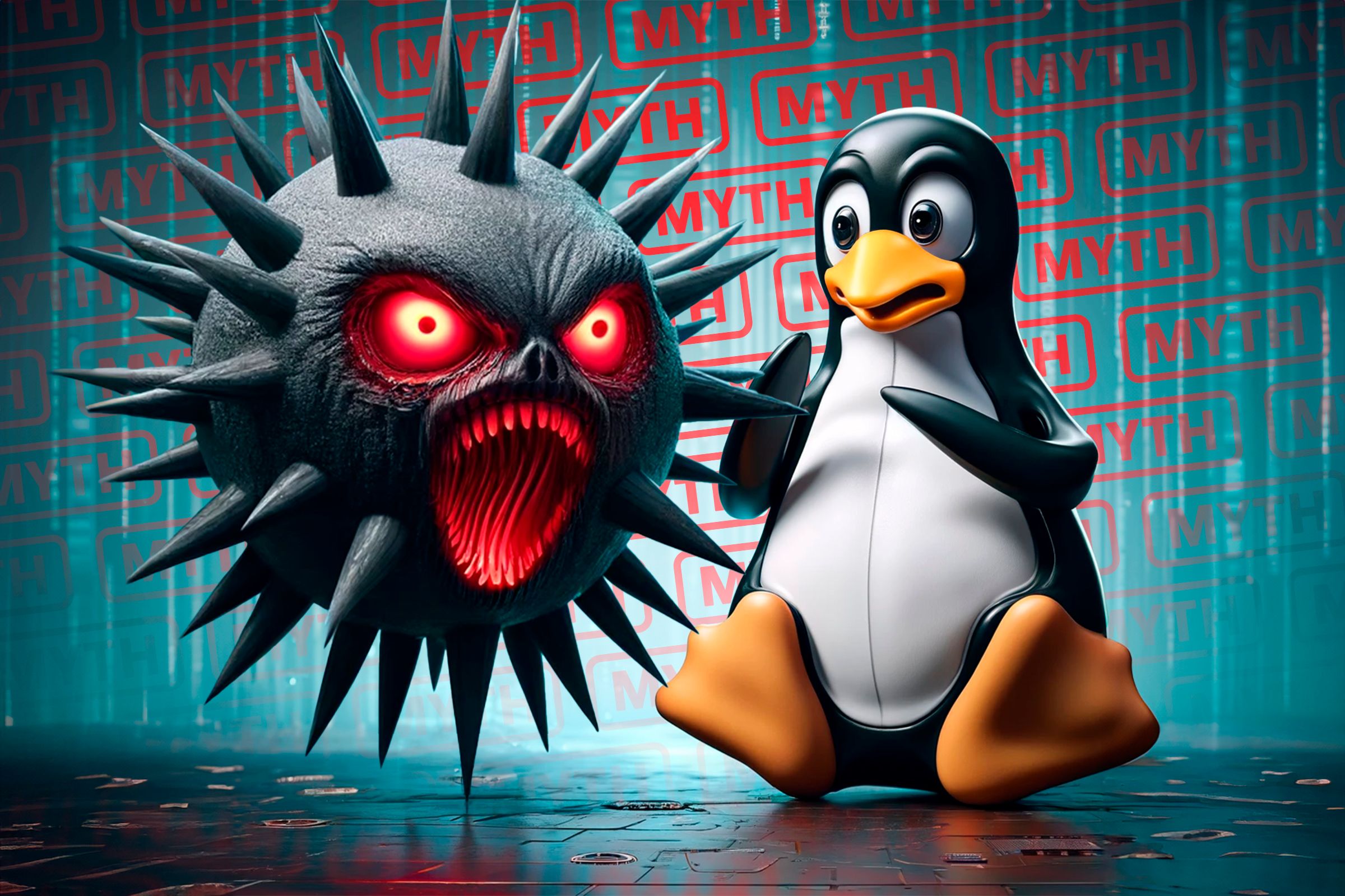 Tux Linux scared looking at a virus