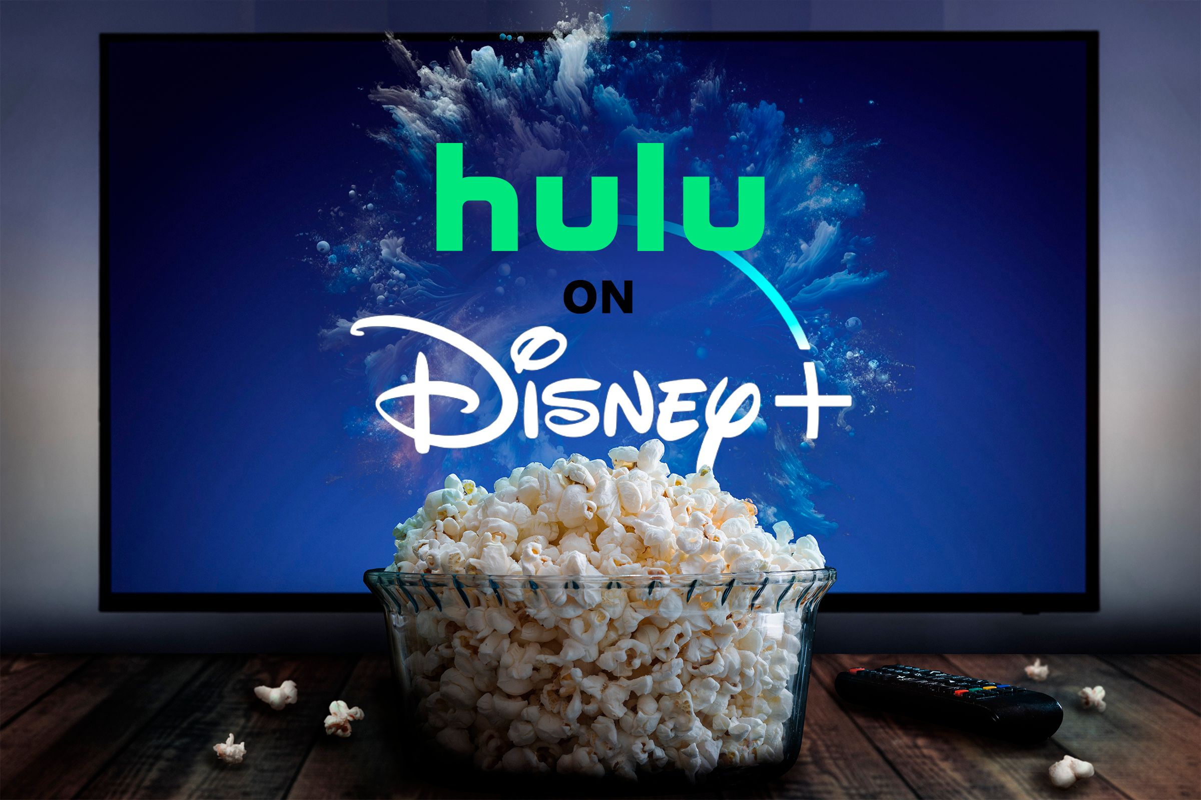 TV with Hulu and Disney Plus logos, and a bowl of popcorn in front.