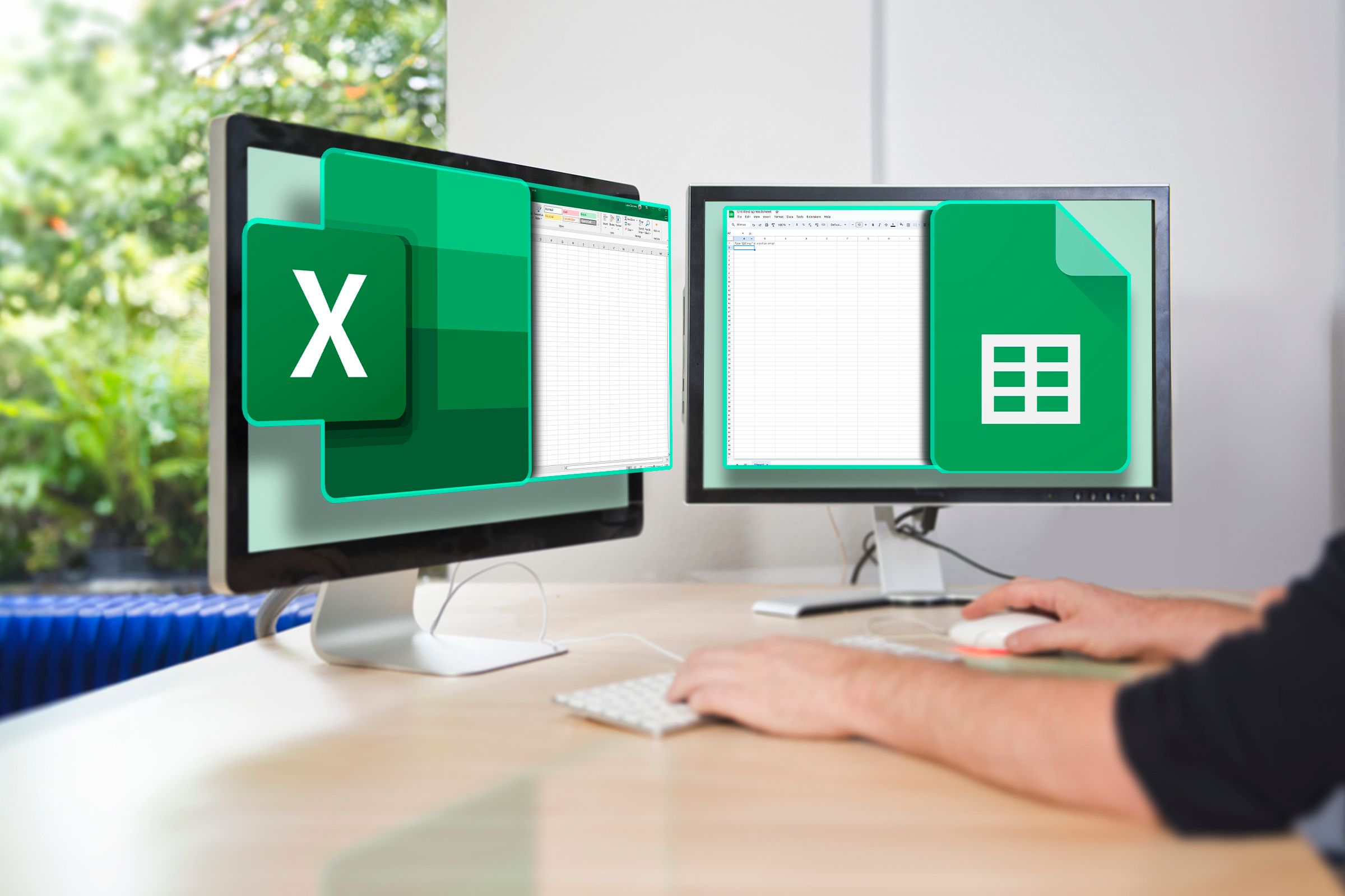 Two computer monitors, the one on the left displaying Excel, and the one on the right displaying Google Sheets.