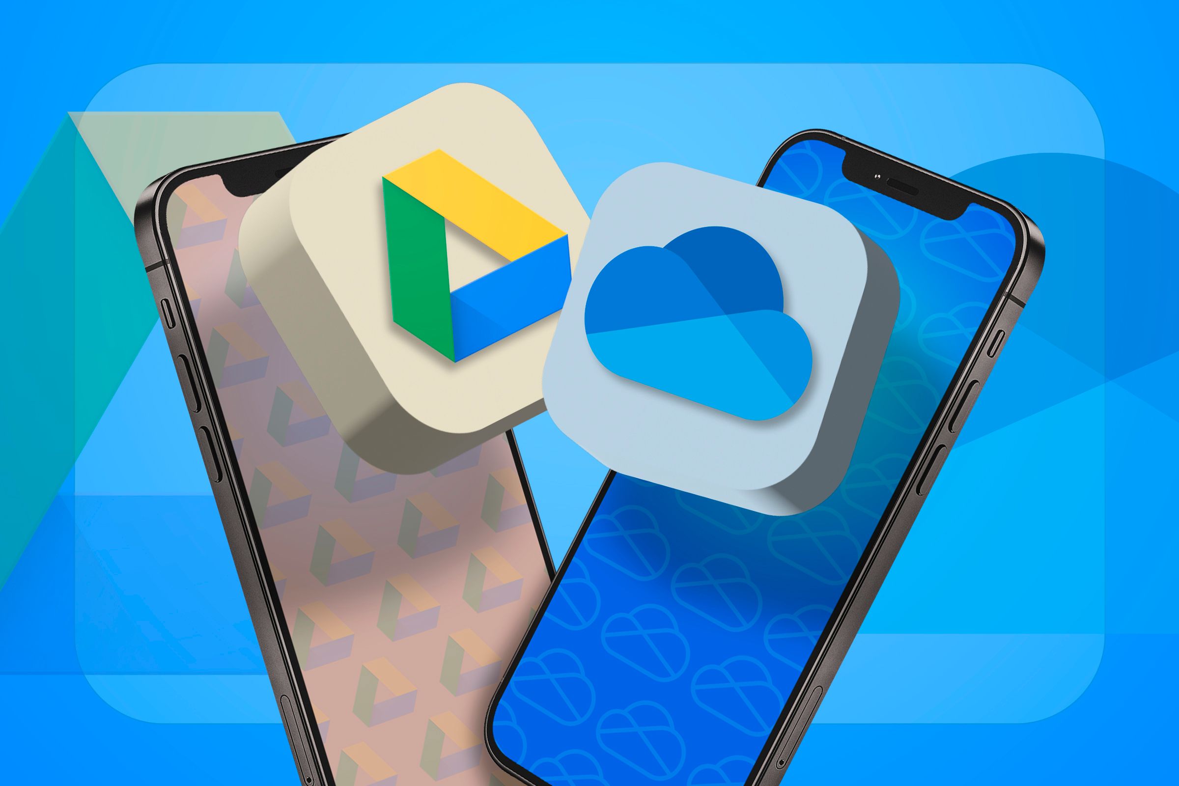 Two phones, one with Google Drive logo, the other with OneDrive logo.-1