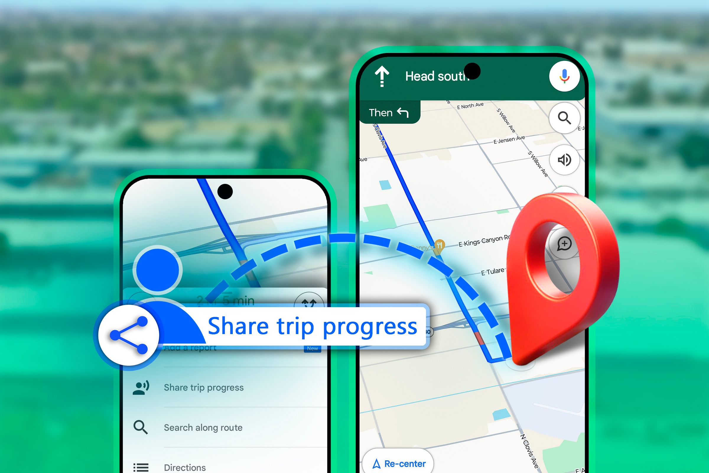 Two smartphones with the Google Maps app open, one with a share icon, and one on the right with a pin coming out of the screen.-1