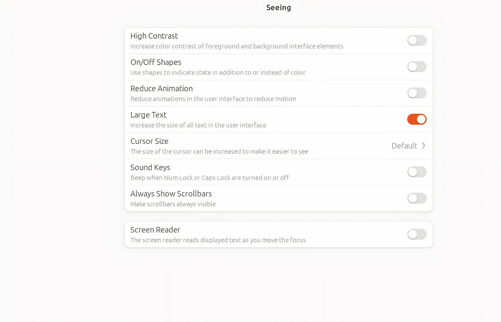 The "Seeing" area of Ubuntu 24.04's new Accessibility menu.