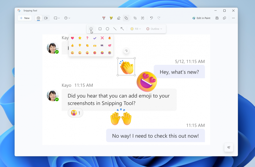 Screenshot of Snipping Tool with emojis over a text chat.