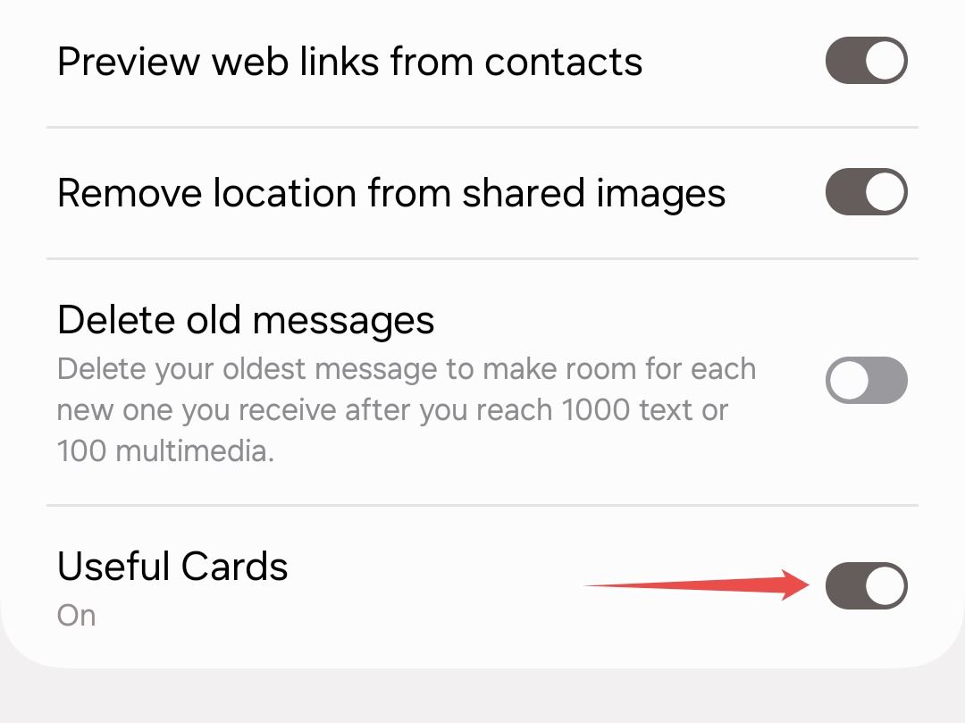 Useful Cards toggle in Samsung Messages