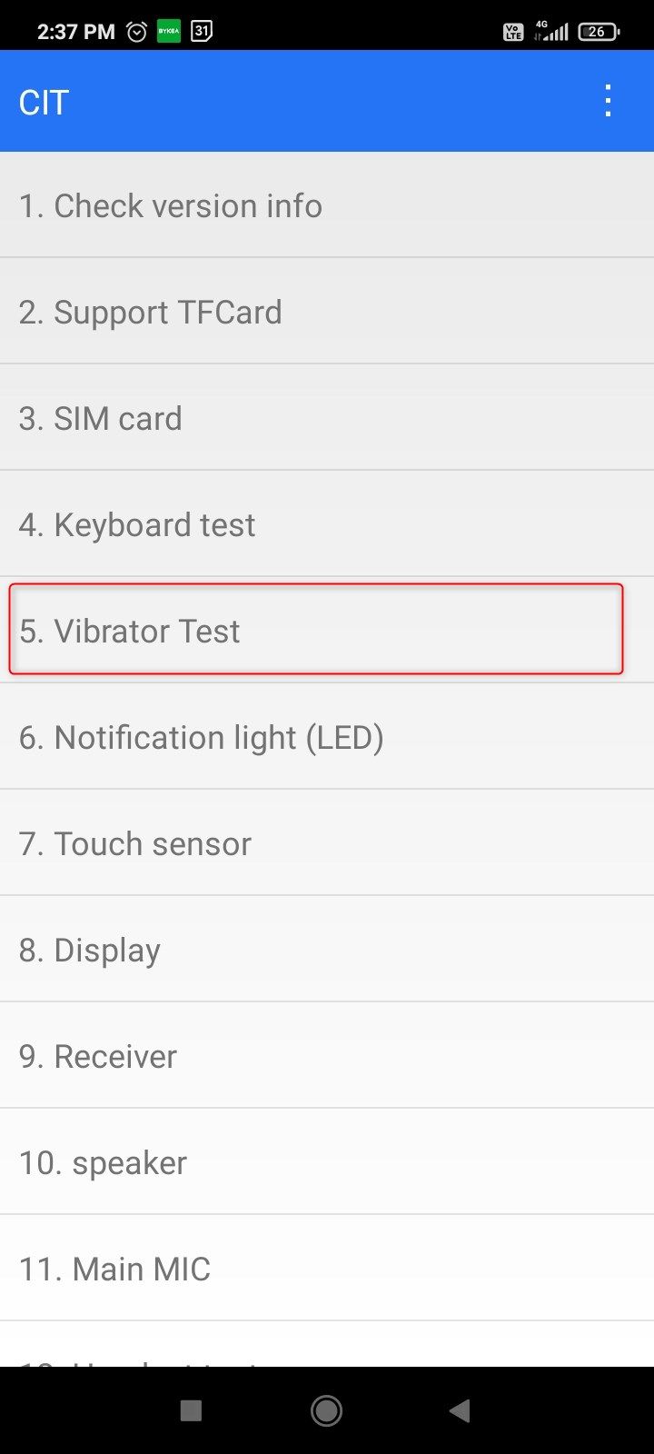 Vibration motor test menu item in the Android CIT tools.