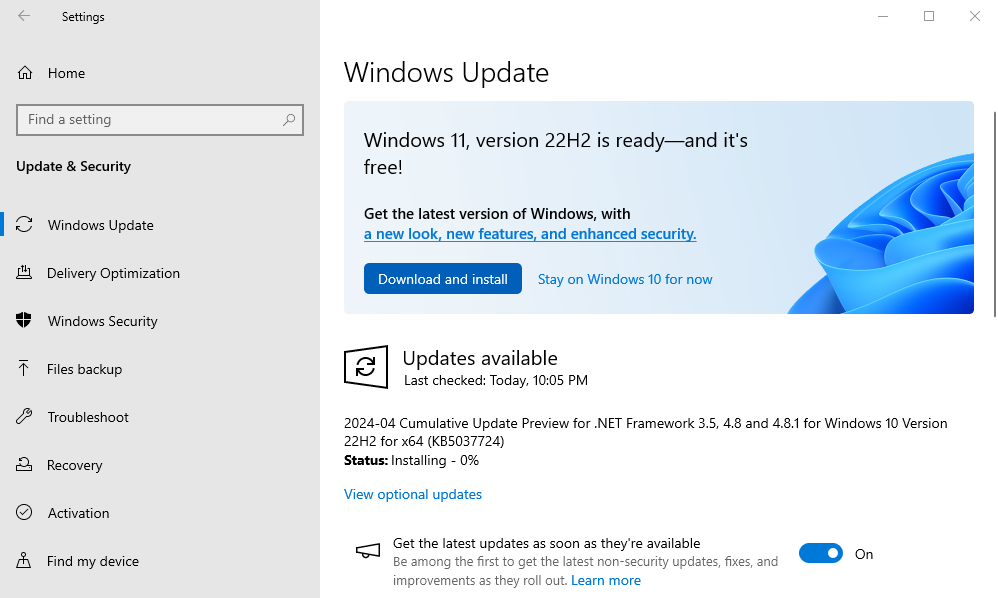 The Windows 11 upgrade available through the Windows Update window. 
