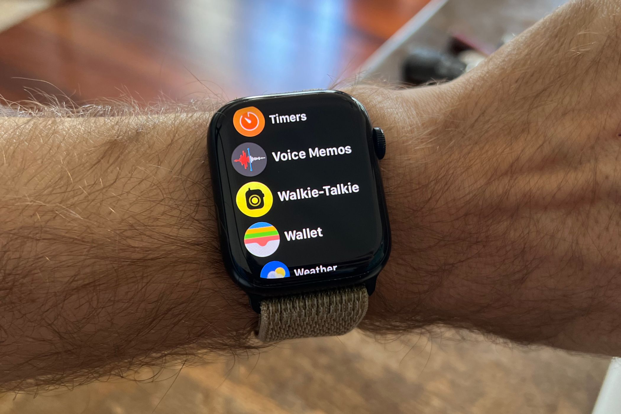 Walkie Talkie in the list of Apple Watch apps on a Series 8.