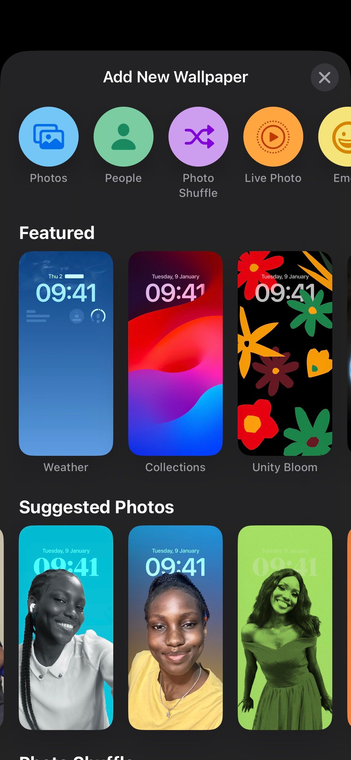 Browsing the available wallpaper options on an iPhone.
