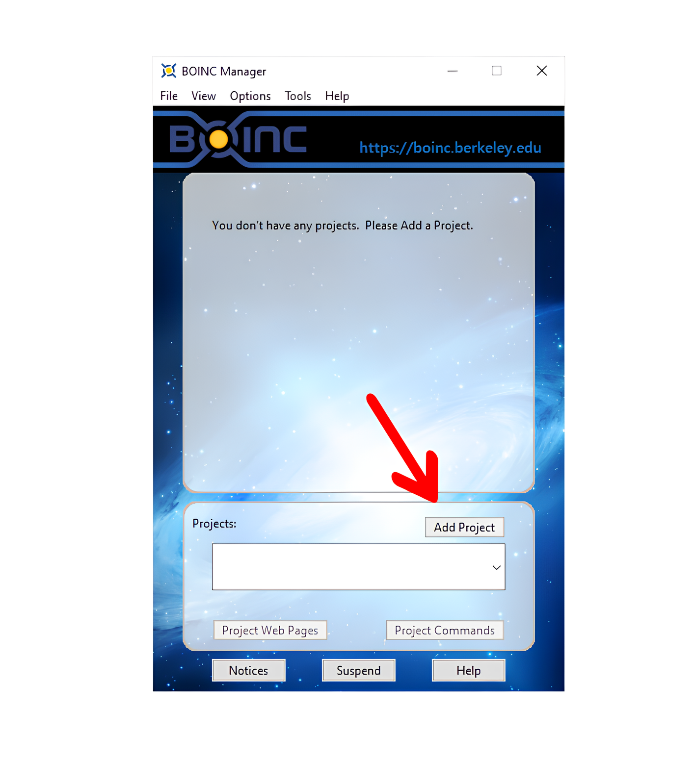 The blank project screen on the BOINC manager app.