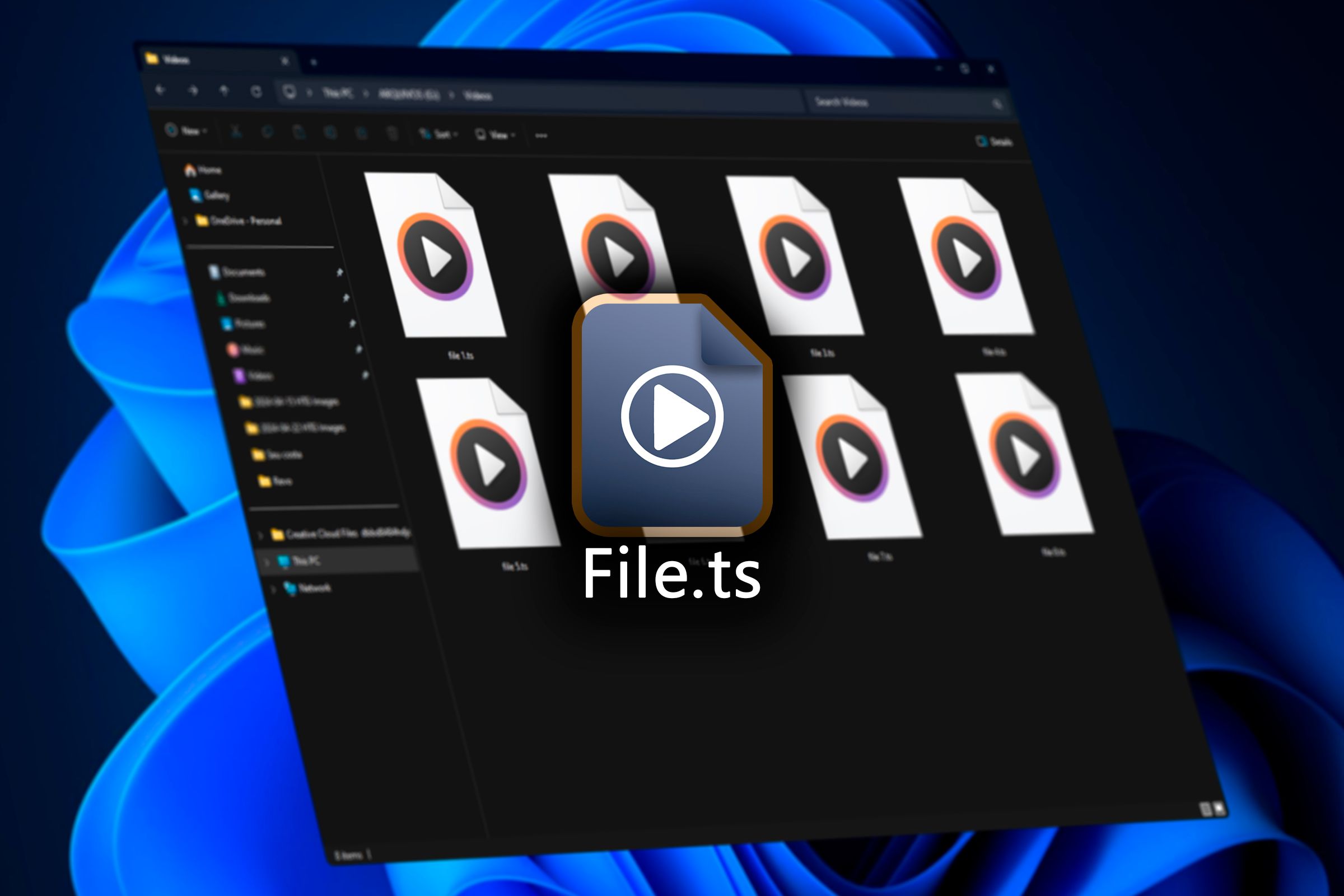 An illustration of a .ts file in the center of the screen, with the Windows File Explorer in the background displaying multiple video files.