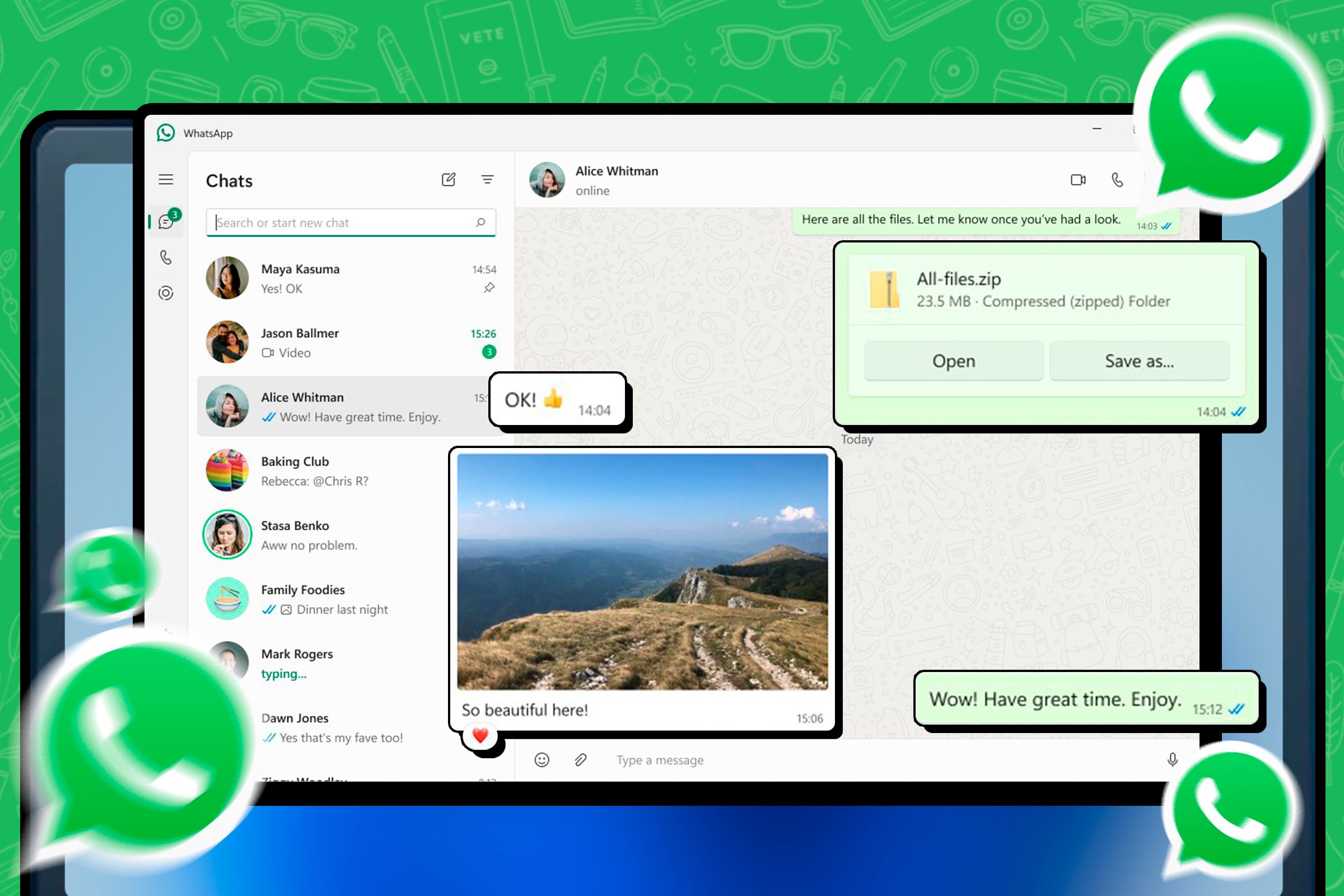 WhatsApp Web app with some messages popping out.