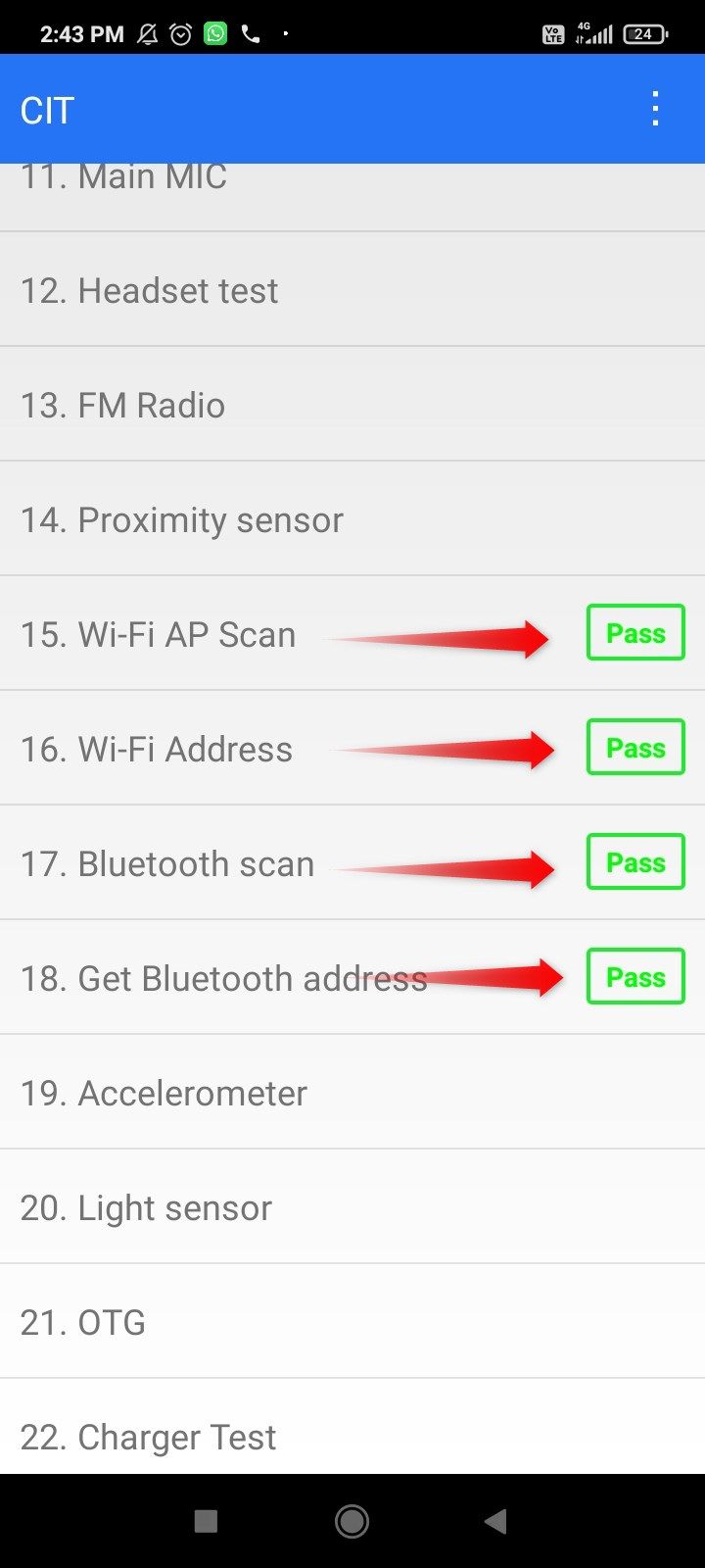 Передайте теги, указывающие на успешную проверку оборудования Wi-Fi и Bluetooth на Android.