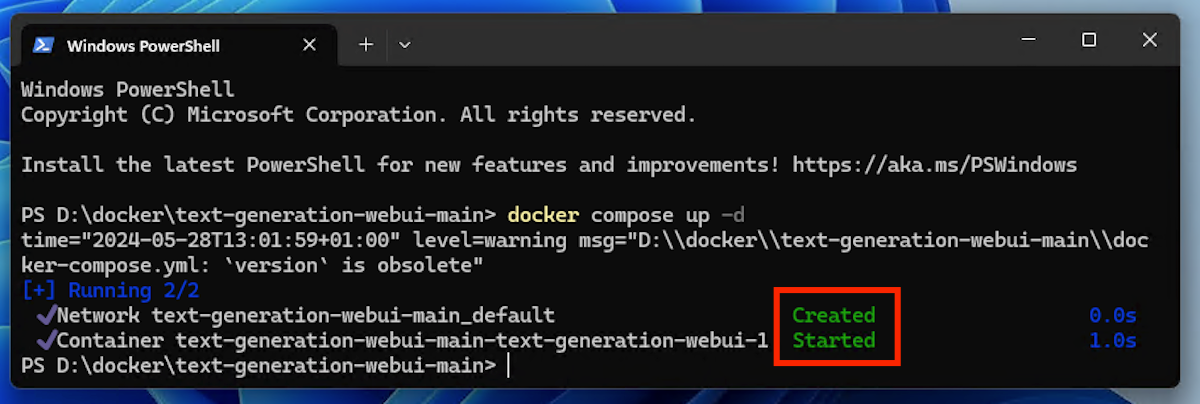 PowerShell showing the status of a launched Docker container.