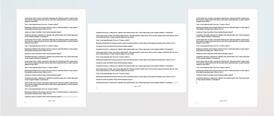 A zoomed-out Microsoft Word document with a landscape page in between two portrait pages